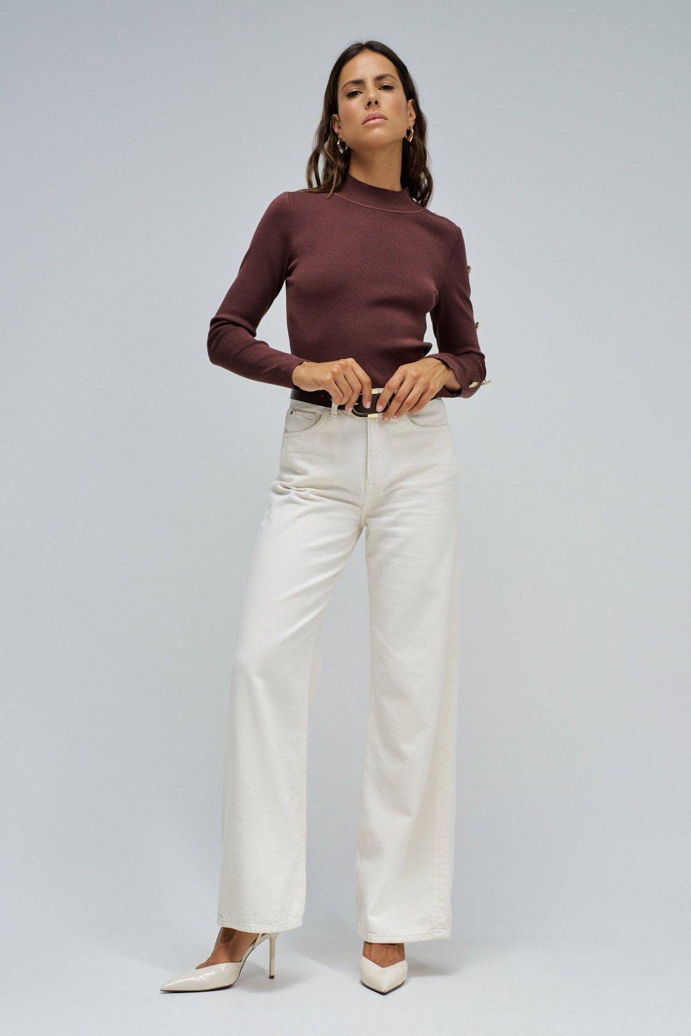 Knit Sweater With Golden Buttons, Brown, medium