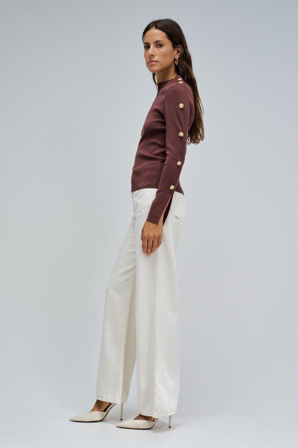 Knit Sweater With Golden Buttons, Brown, large image number 2