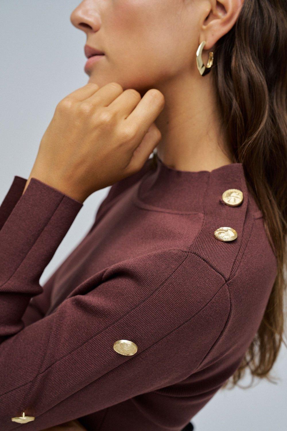 Knit Sweater With Golden Buttons, Brown, large image number 4