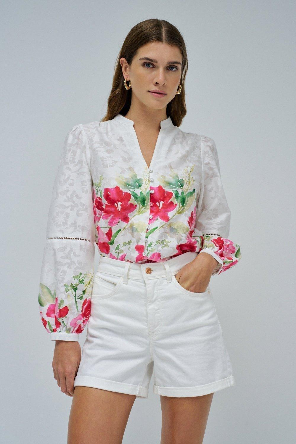 Red Jacquard Blouse With Floral Print, , large image number 0
