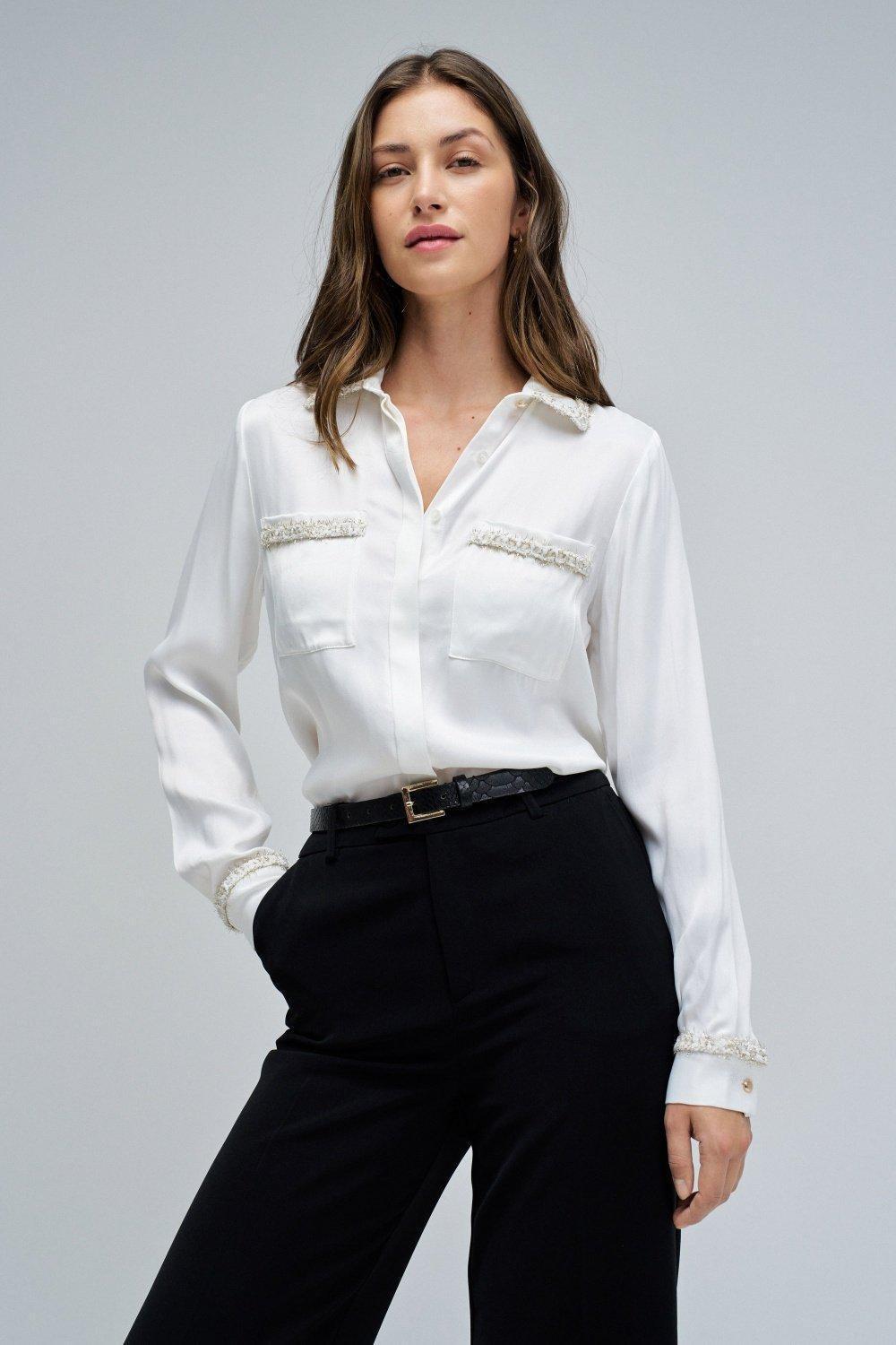 Satin Shirt In Tweed, Cream, large image number 0