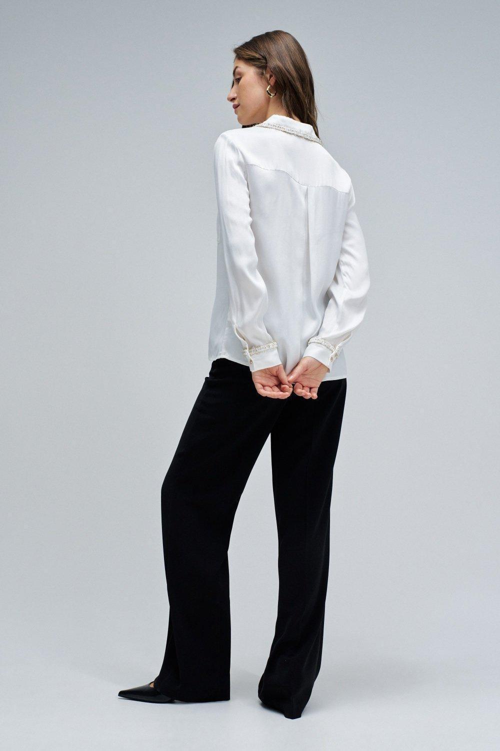 Satin Shirt In Tweed, Cream, large image number 3