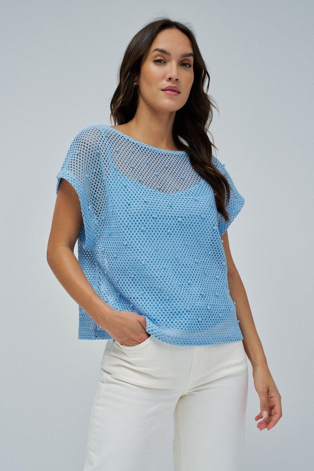 Blue T-Shirt In Crochet, , large image number 0