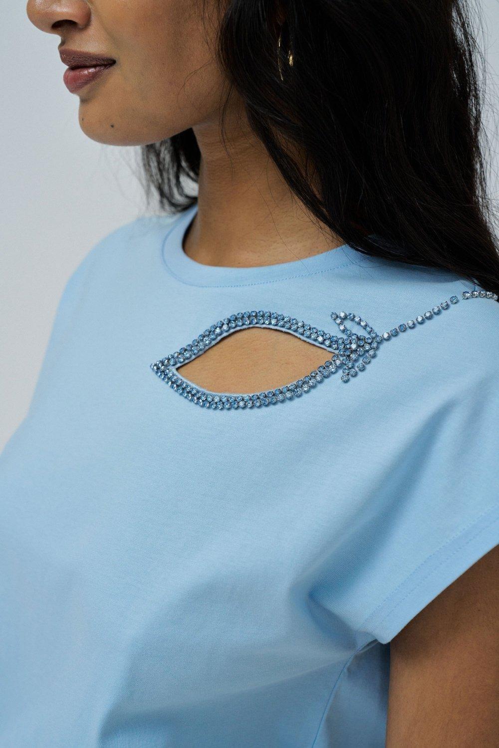 Blue T-Shirt With Cutout At The Chest, , large image number 4