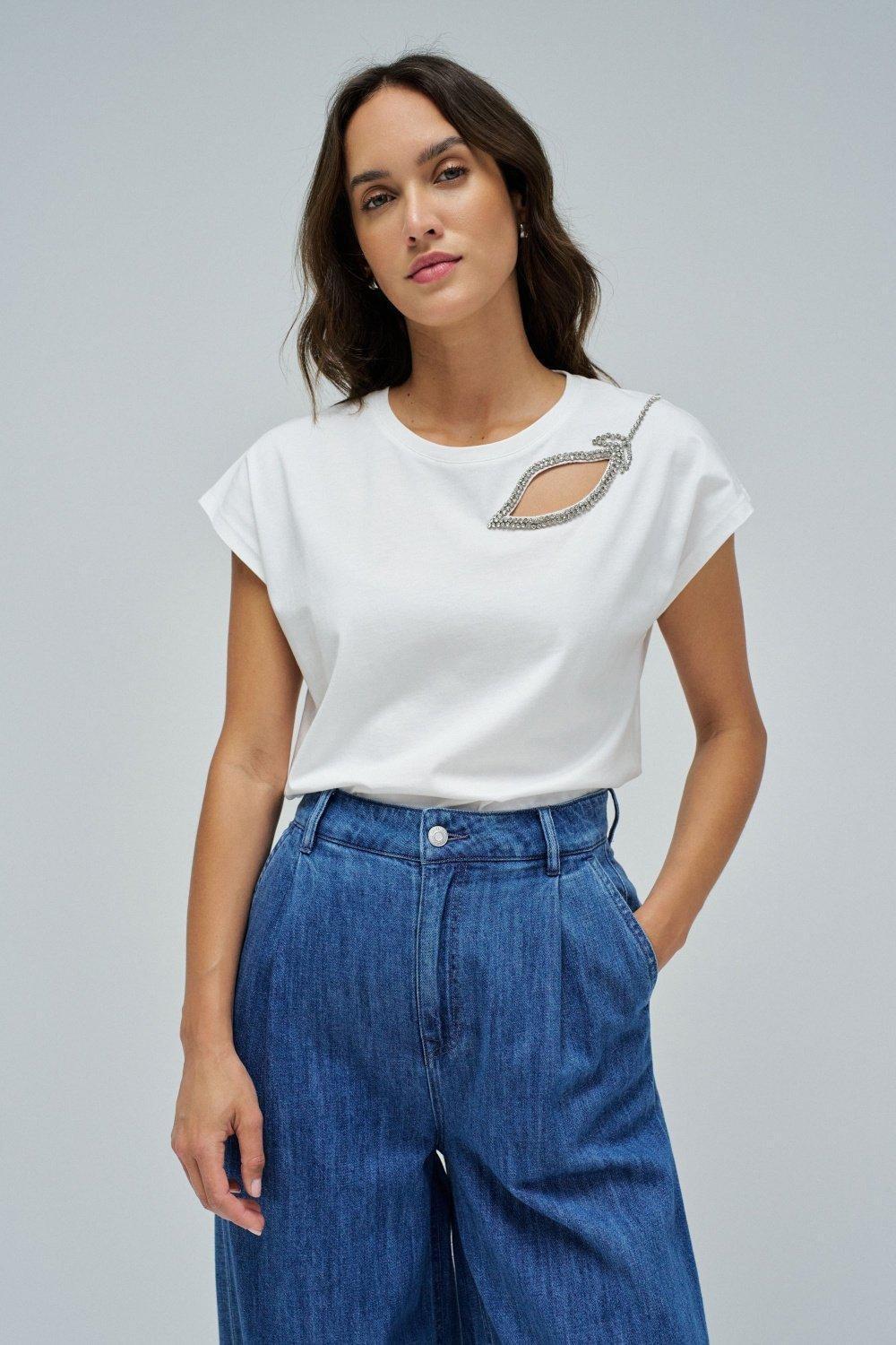 T-Shirt With Chest Cutout , White, large image number 0