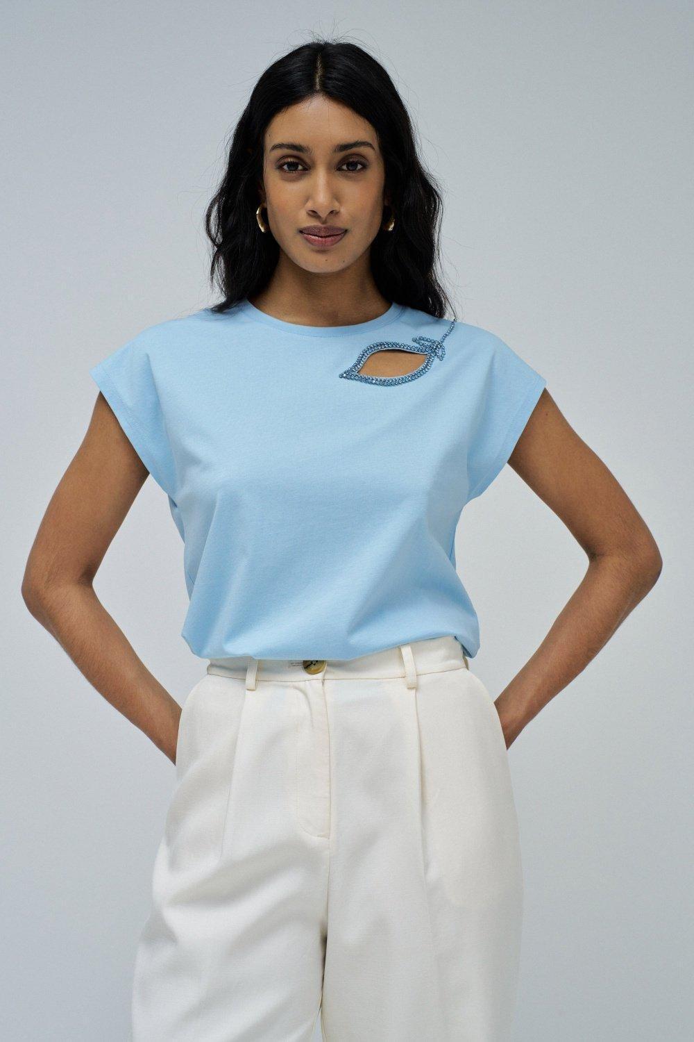 T-Shirt With Chest Cutout , Blue, medium