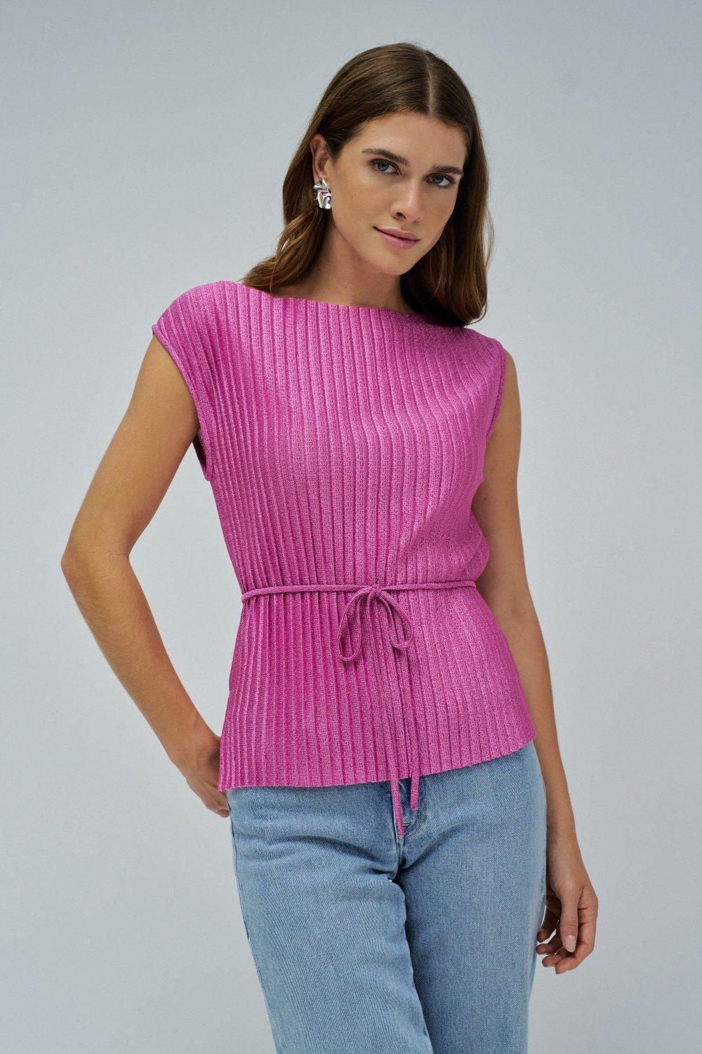 Pleated Top With Belt&nbsp;, Dark Pink, medium