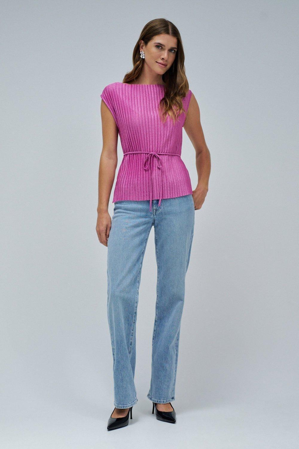 Pleated Top With Belt , Dark Pink, medium