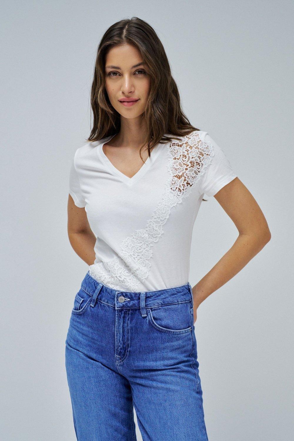 White T-Shirt With Lace, Pearl, large image number 0