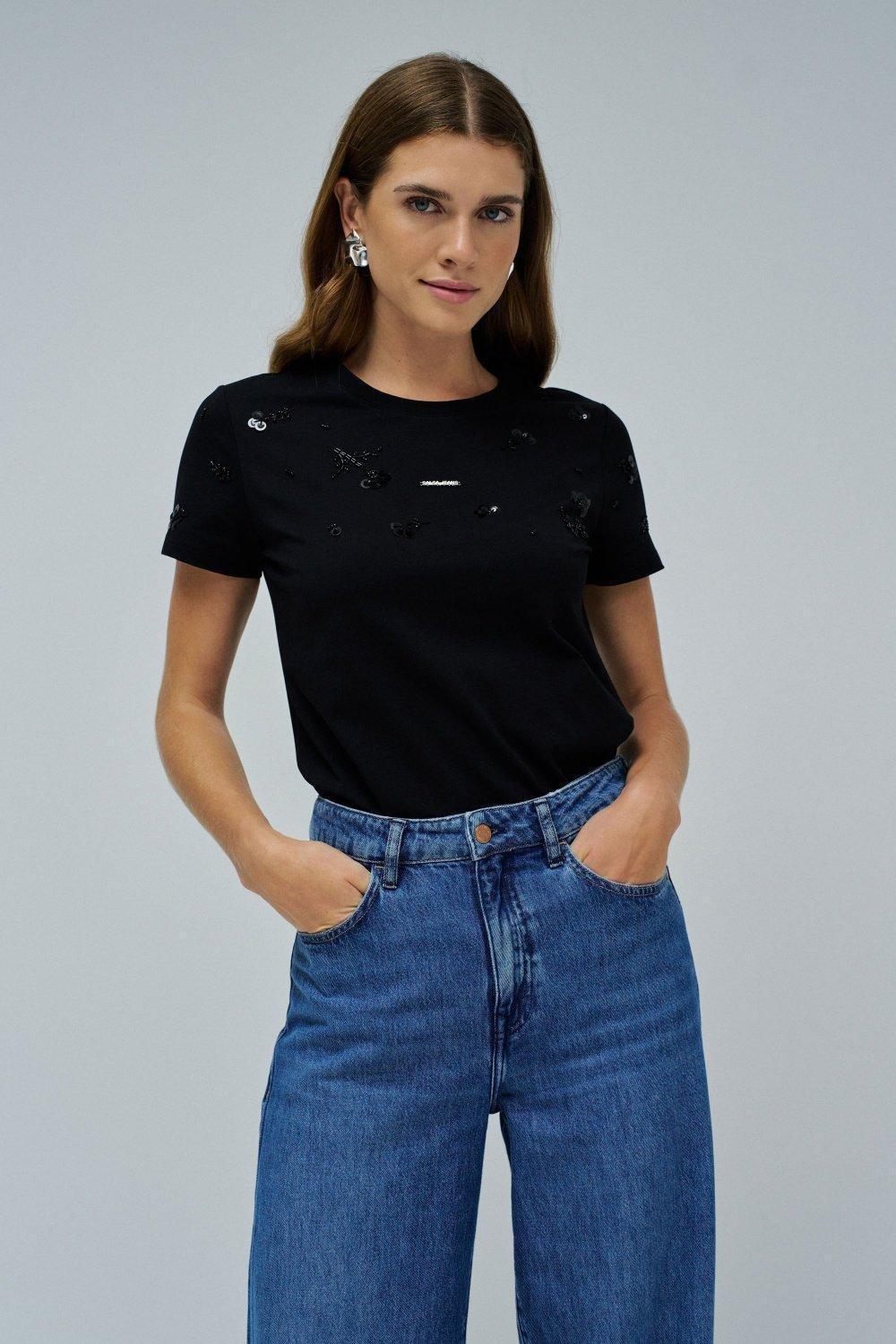 Flower Beads And Sequins T-Shirt&nbsp;, Black, medium