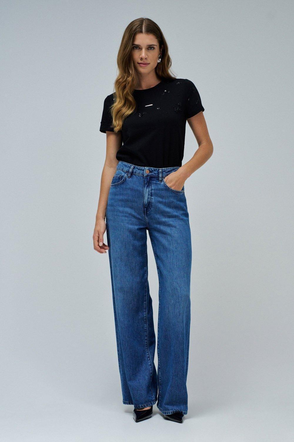 Flower Beads And Sequins T-Shirt , Black, large image number 1