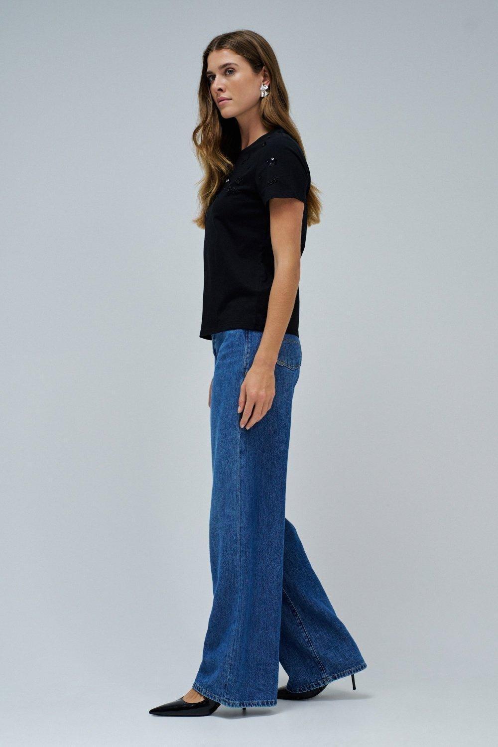 Flower Beads And Sequins T-Shirt , Black, large image number 2