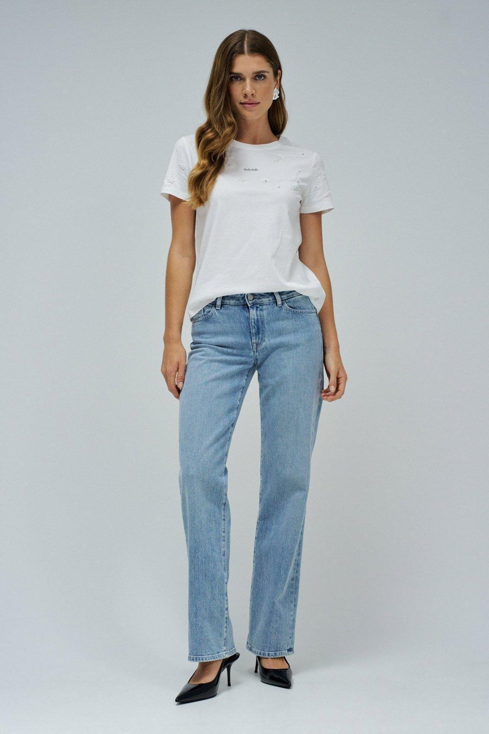 Flower Beads And Sequins T-Shirt , Pearl, medium