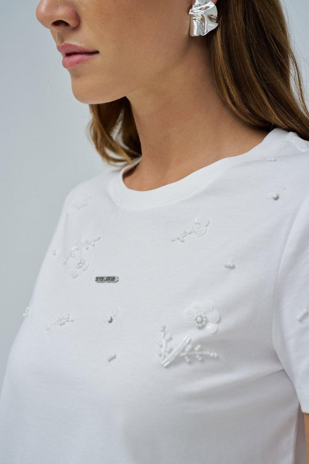 Flower Beads And Sequins T-Shirt , Pearl, large image number 4