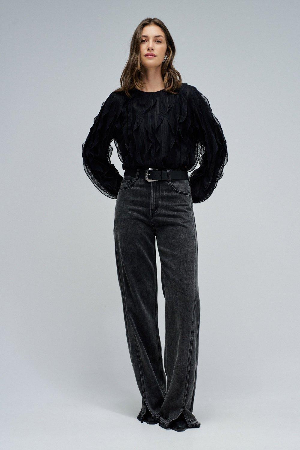 Ruffled Blouse, Black, medium