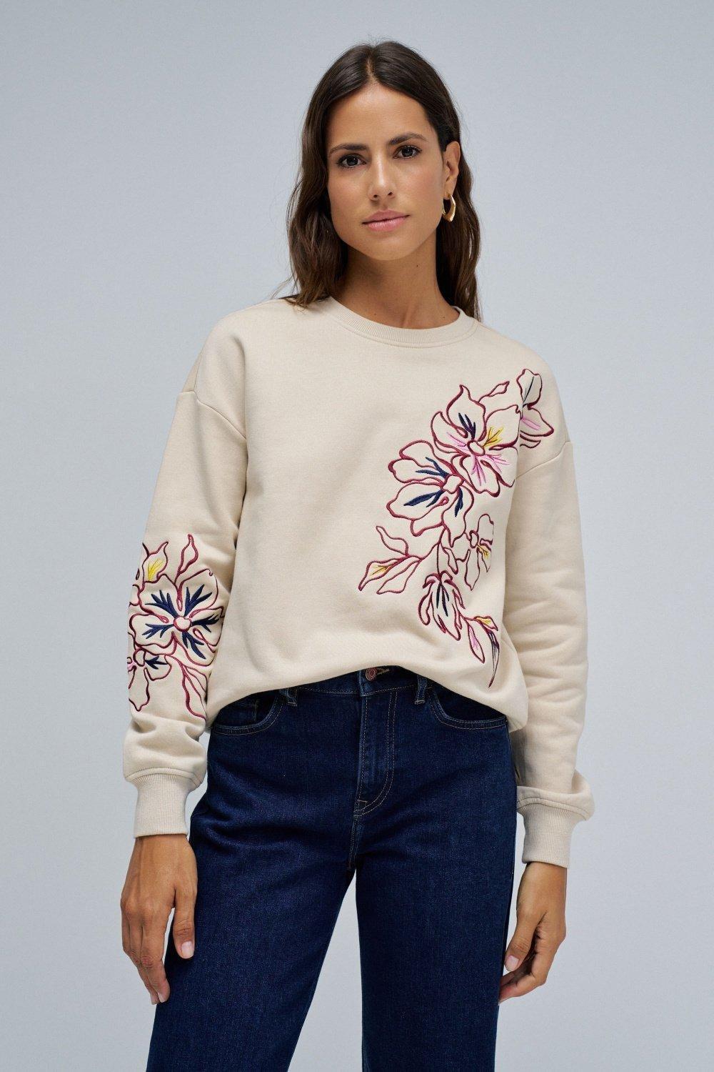 Sweatshirt With Floral Embroidery, Pearl, medium