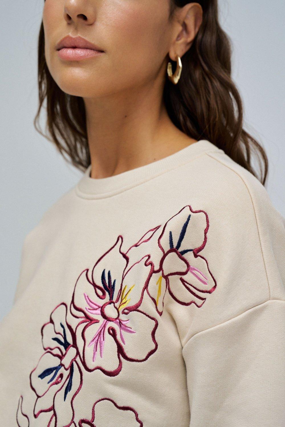 Sweatshirt With Floral Embroidery, Pearl, large image number 4