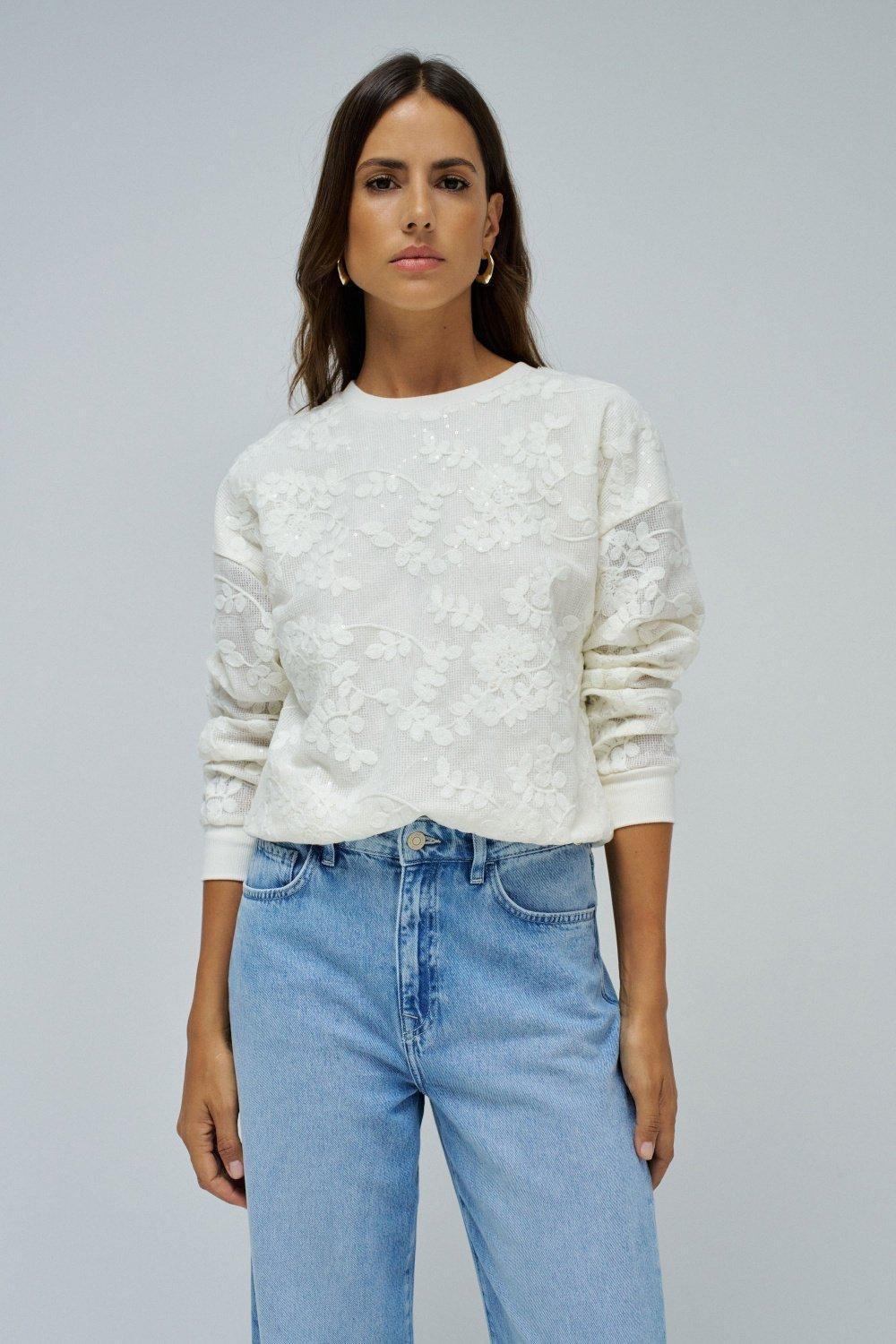 SWEATSHIRT WITH FLORAL EMBROIDERY, Cream, medium
