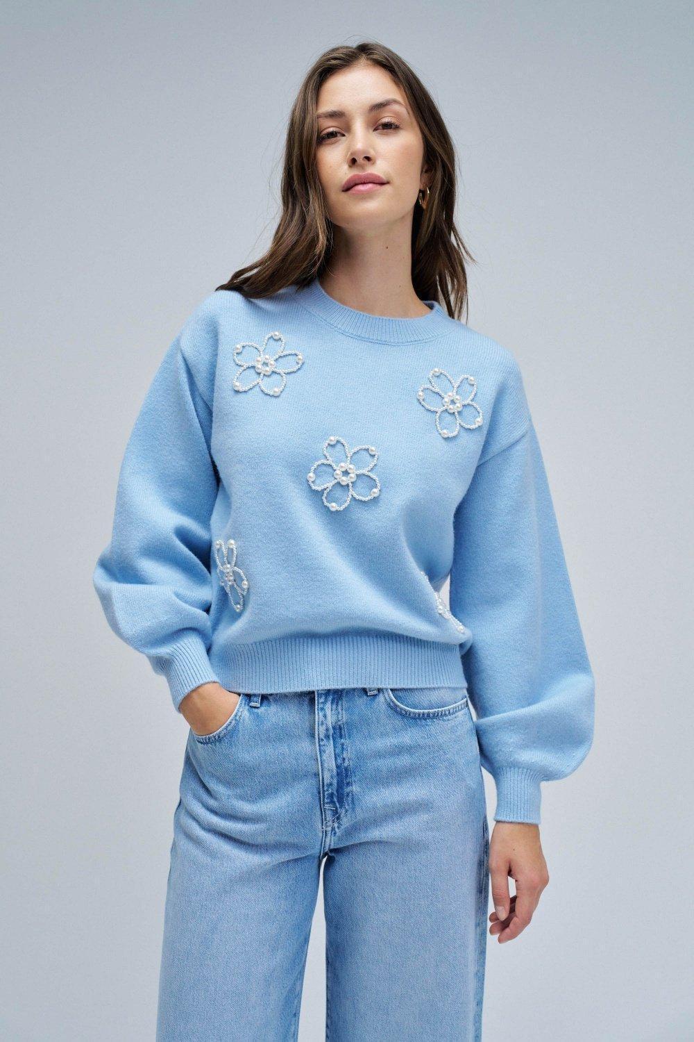Knit Sweater With Pearls, Blue, large image number 0