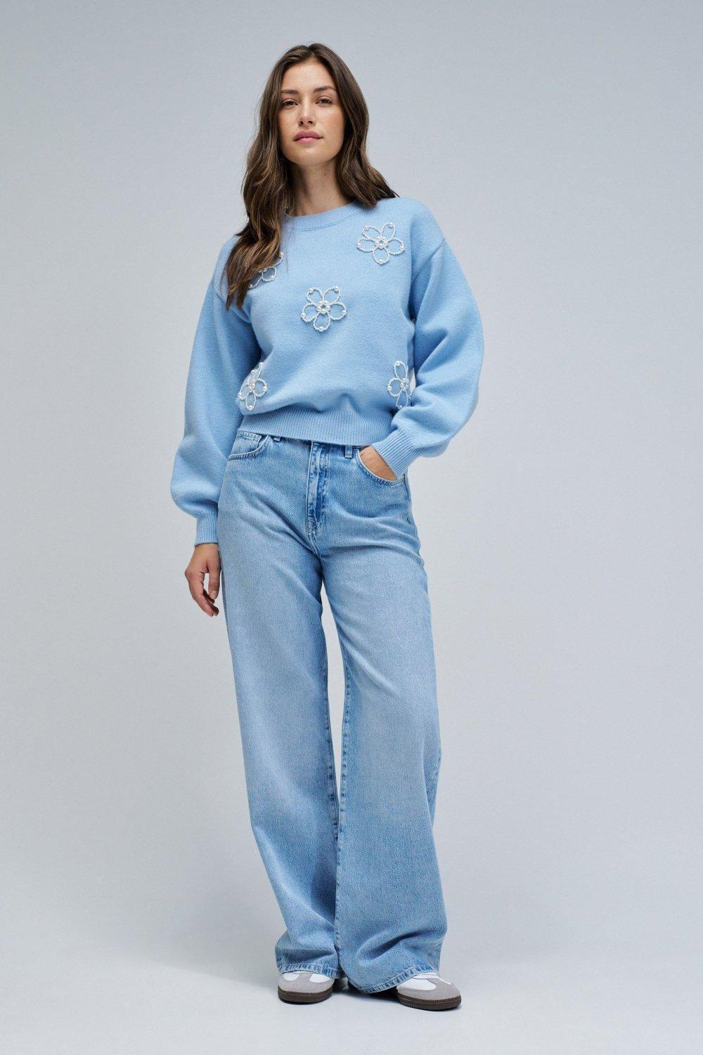 Knit Sweater With Pearls, Blue, medium