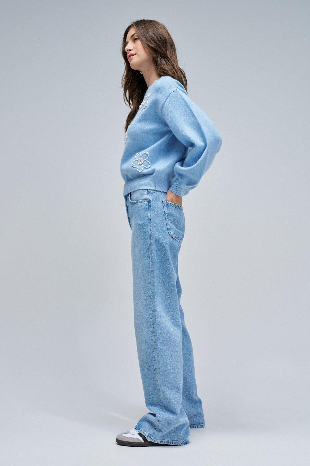 Knit Sweater With Pearls, Blue, medium