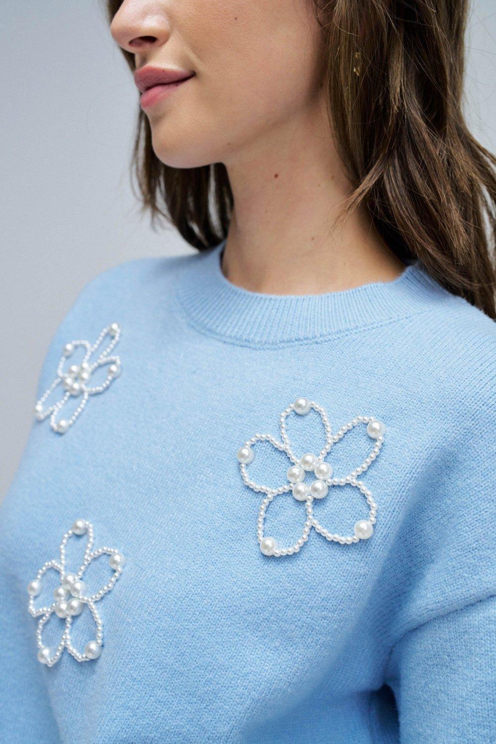 Knit Sweater With Pearls, Blue, large image number 4