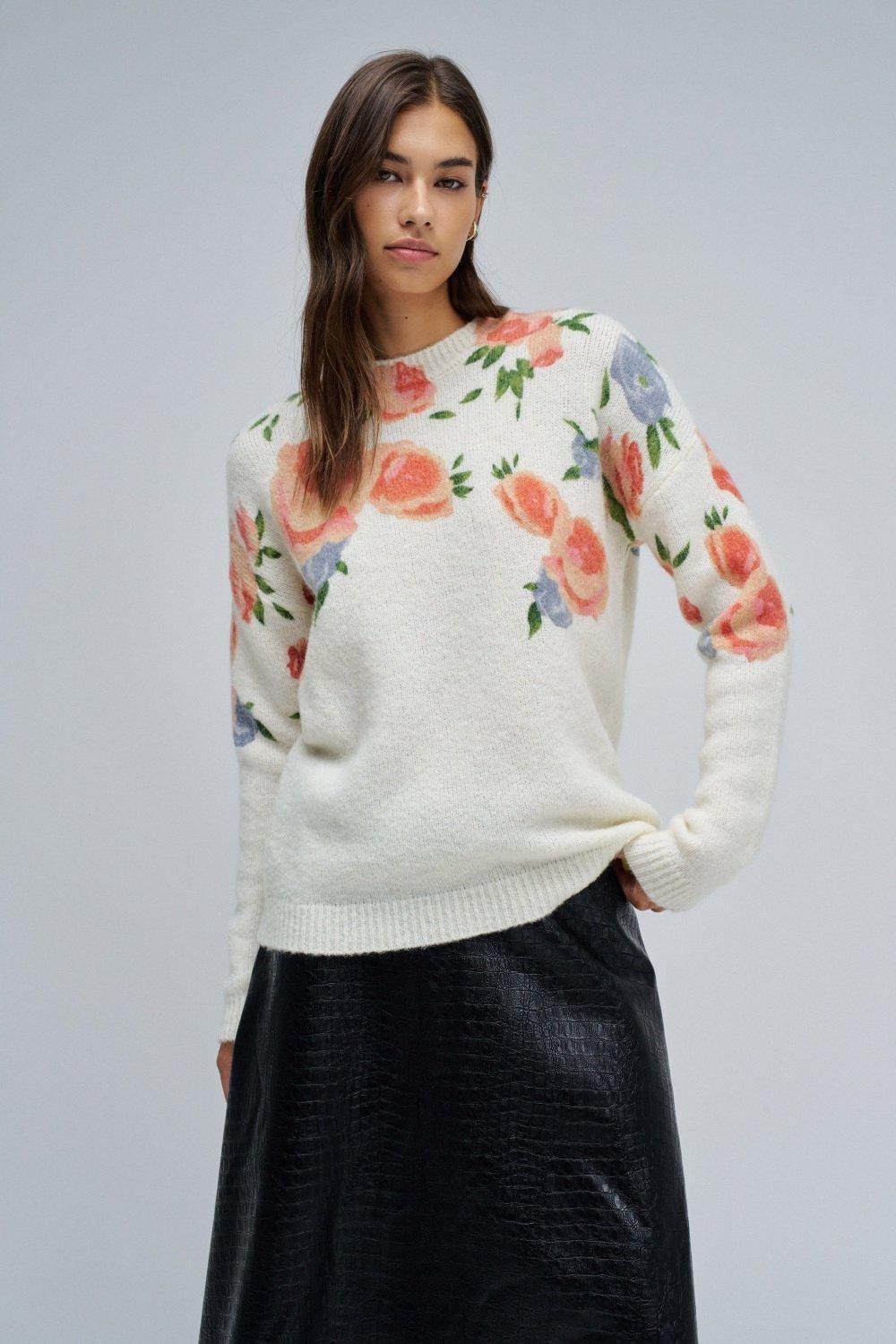 Wool And Mohair Jumper With Floral Print, Pearl, large image number 0