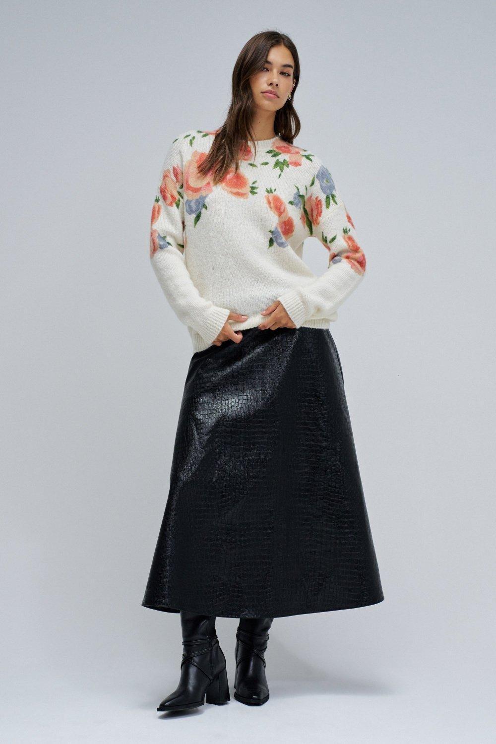 Wool And Mohair Jumper With Floral Print, Pearl, large image number 1