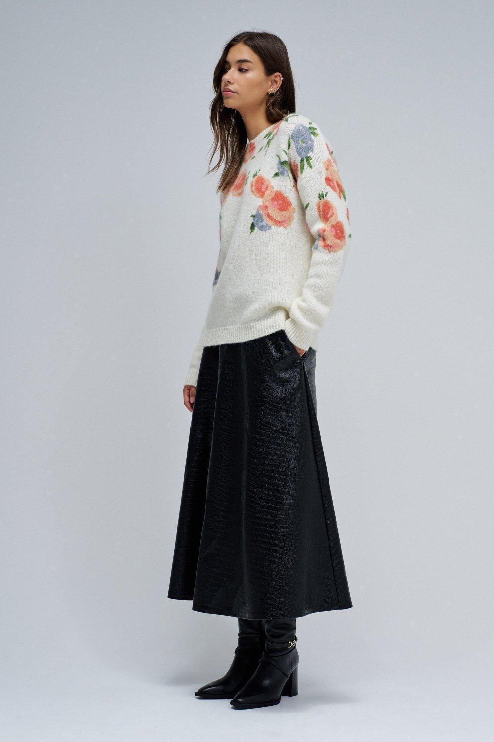 Wool And Mohair Jumper With Floral Print, Pearl, medium