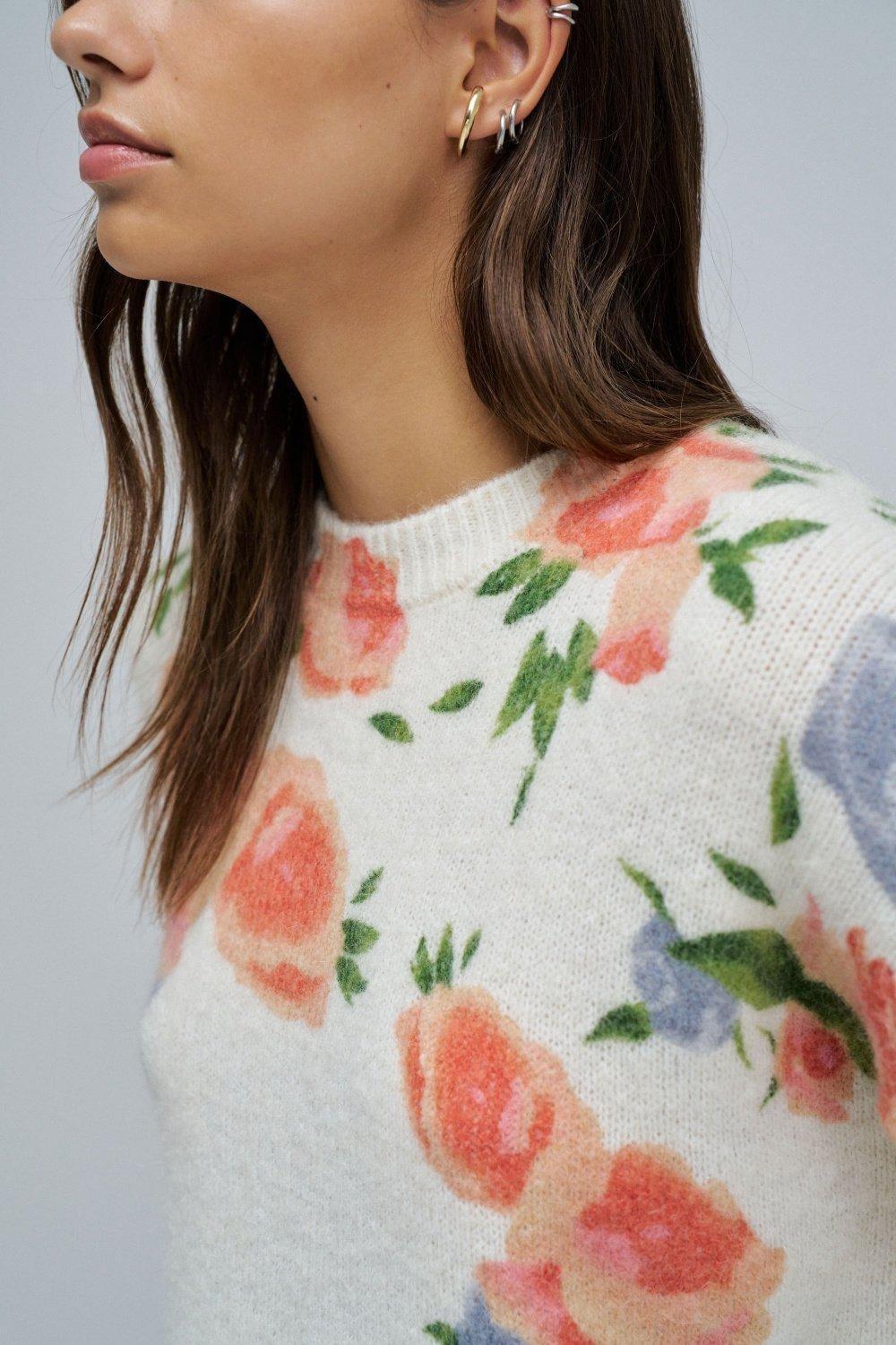 Wool And Mohair Jumper With Floral Print, Pearl, large image number 4