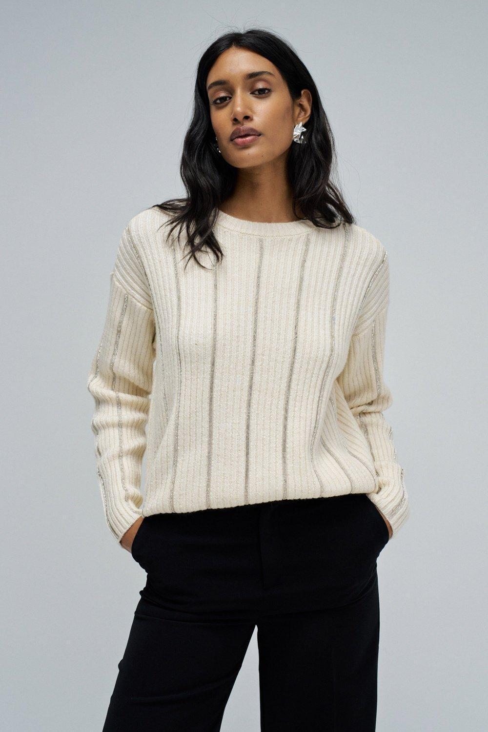 Wool Knit Sweater, Beige, medium