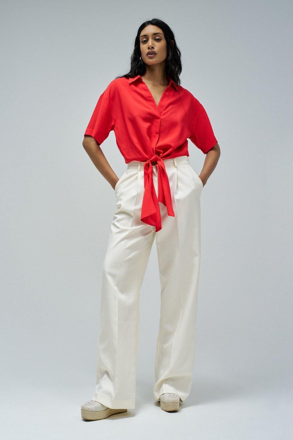 Knot Tie Front Casual Blouse, , large image number 1
