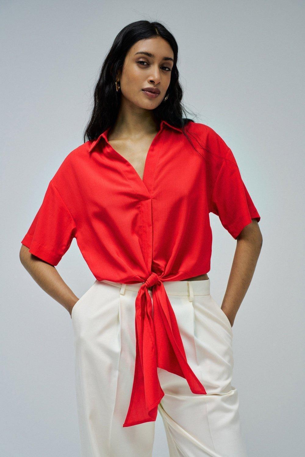 Shirt In Lightdenim With Bow At The Hem&nbsp;, Red, medium