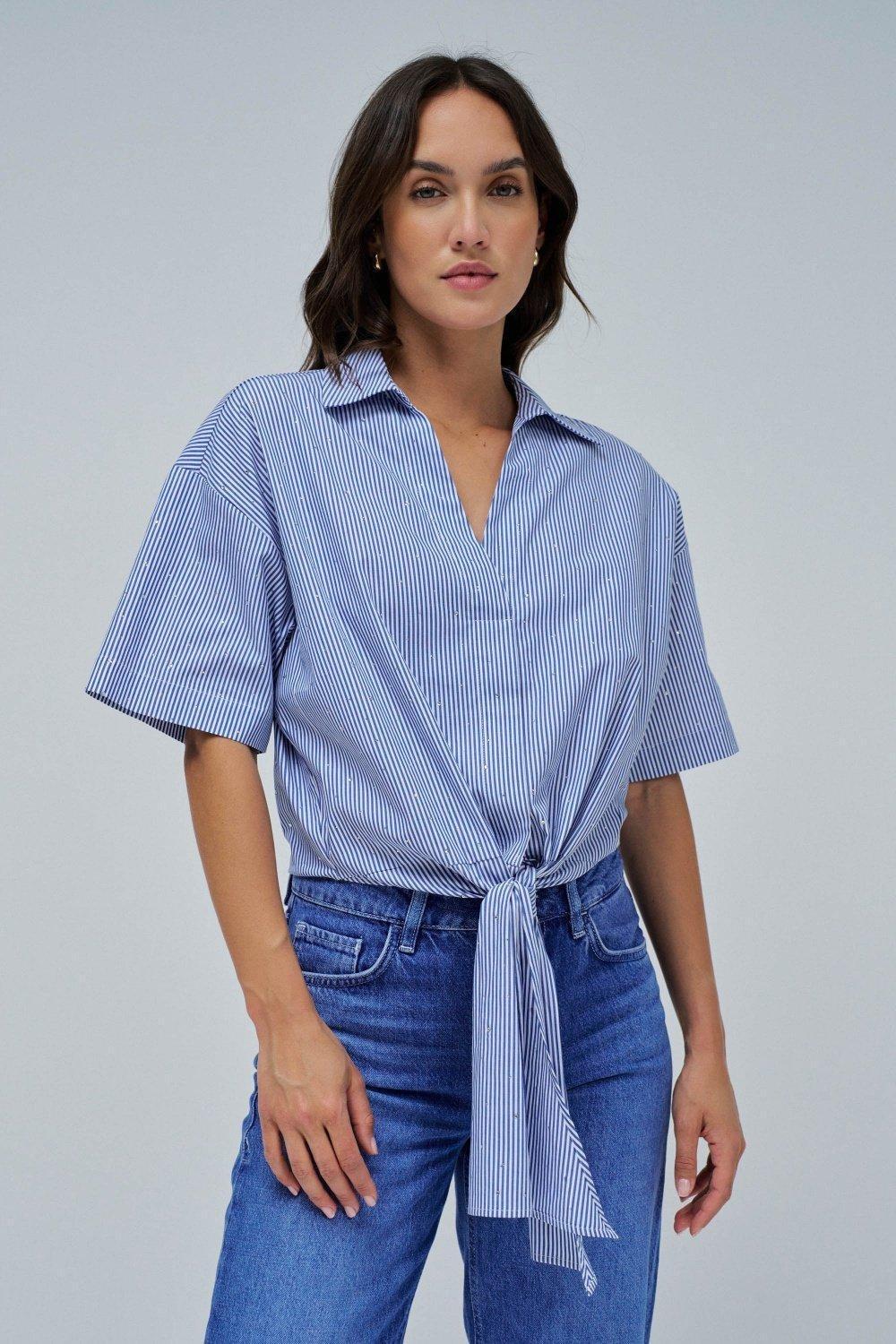 Shirt In Lightdenim With Bow At The Hem , Blue, medium