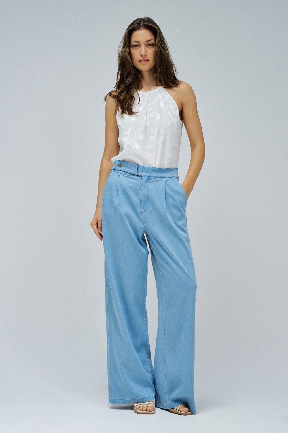 Light Denim Palazzo Trousers , Blue, medium