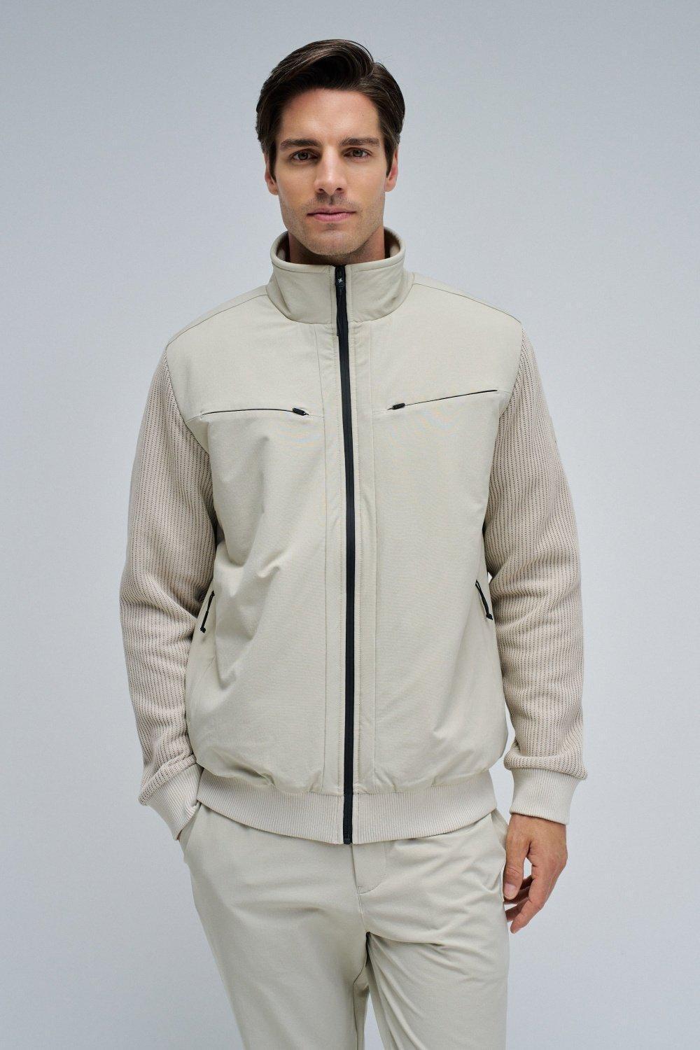 Padded Coat With Mixed Materials, Cream, medium