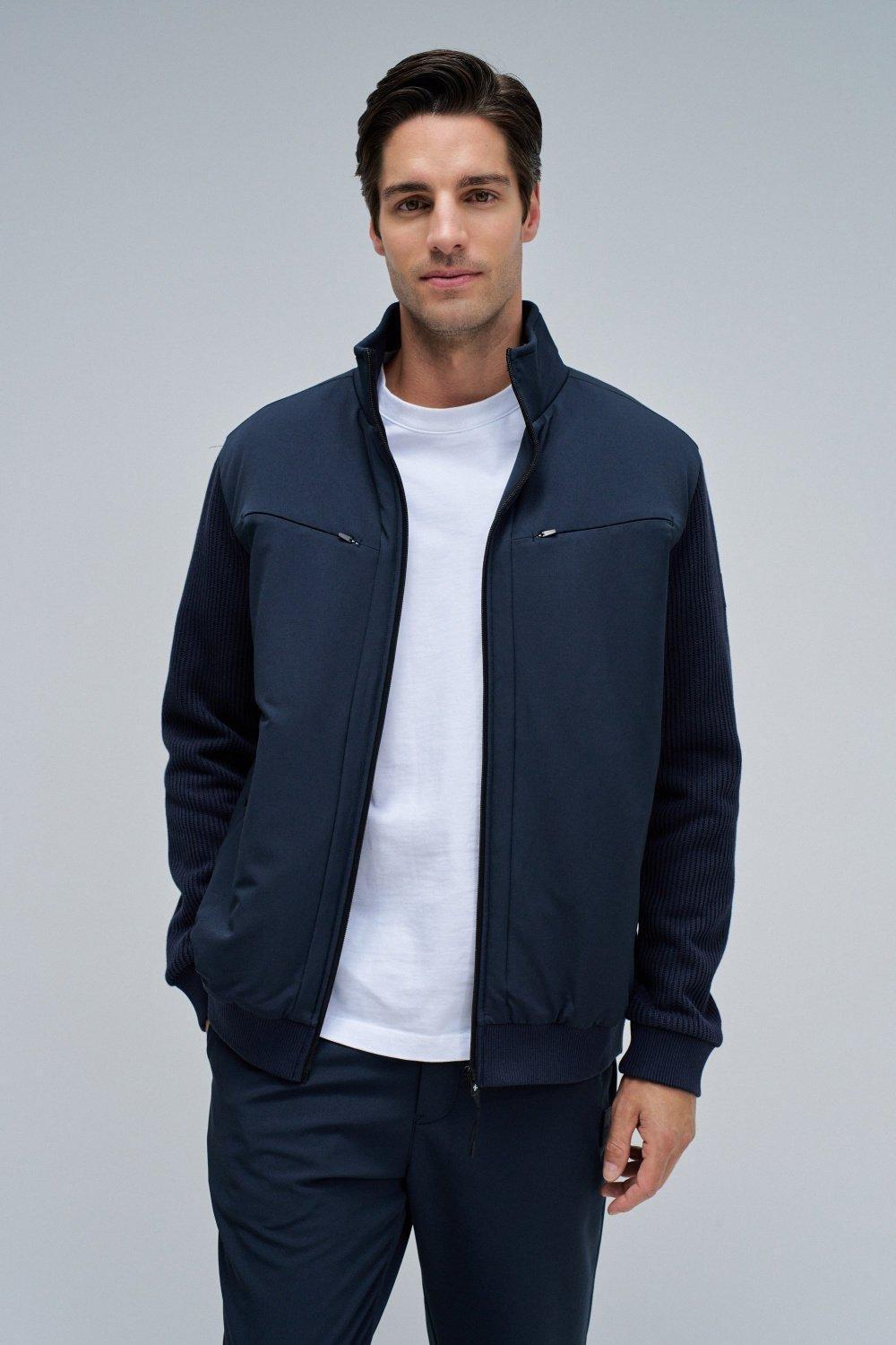 Padded Coat With Mixed Materials, Navy, medium