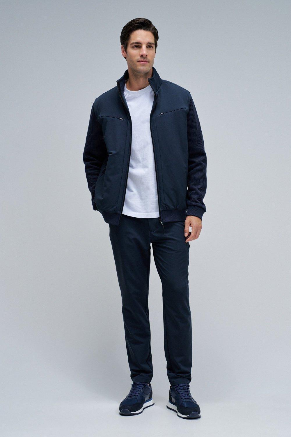 Padded Coat With Mixed Materials, Navy, medium