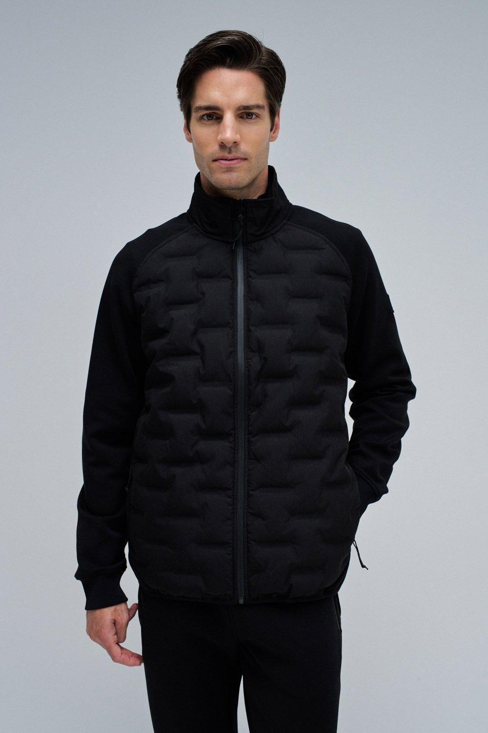 Padded Coat With Mixed Materials, Black, medium