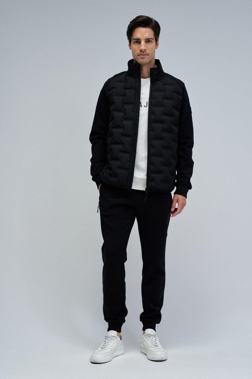 Padded Coat With Mixed Materials, Black, medium