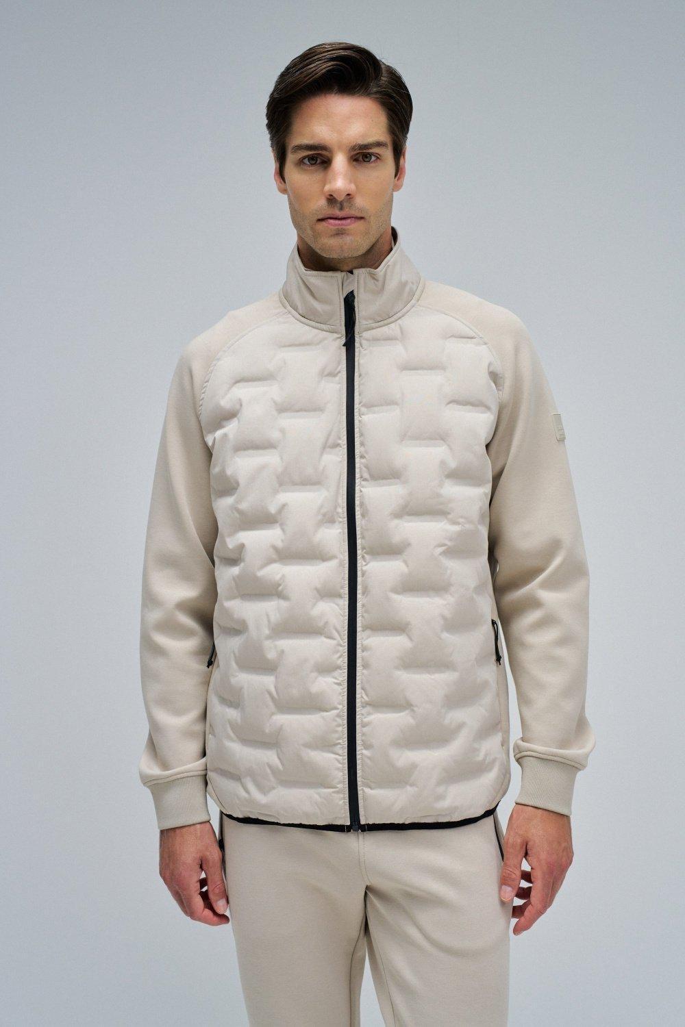 Padded Coat With Mixed Materials, Cream, medium