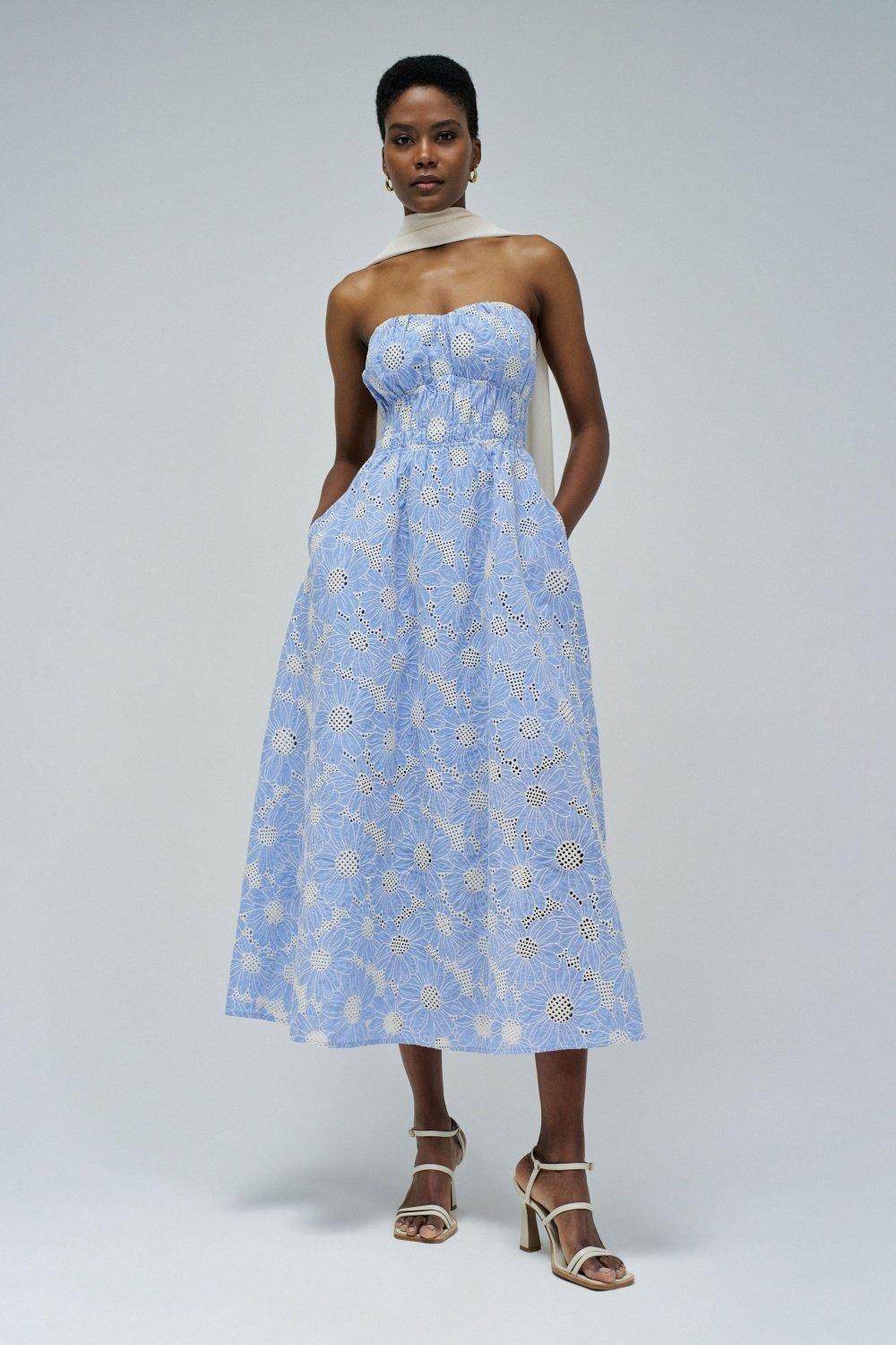 Embroidered Strapless Brunch Midi Dress, Blue, medium