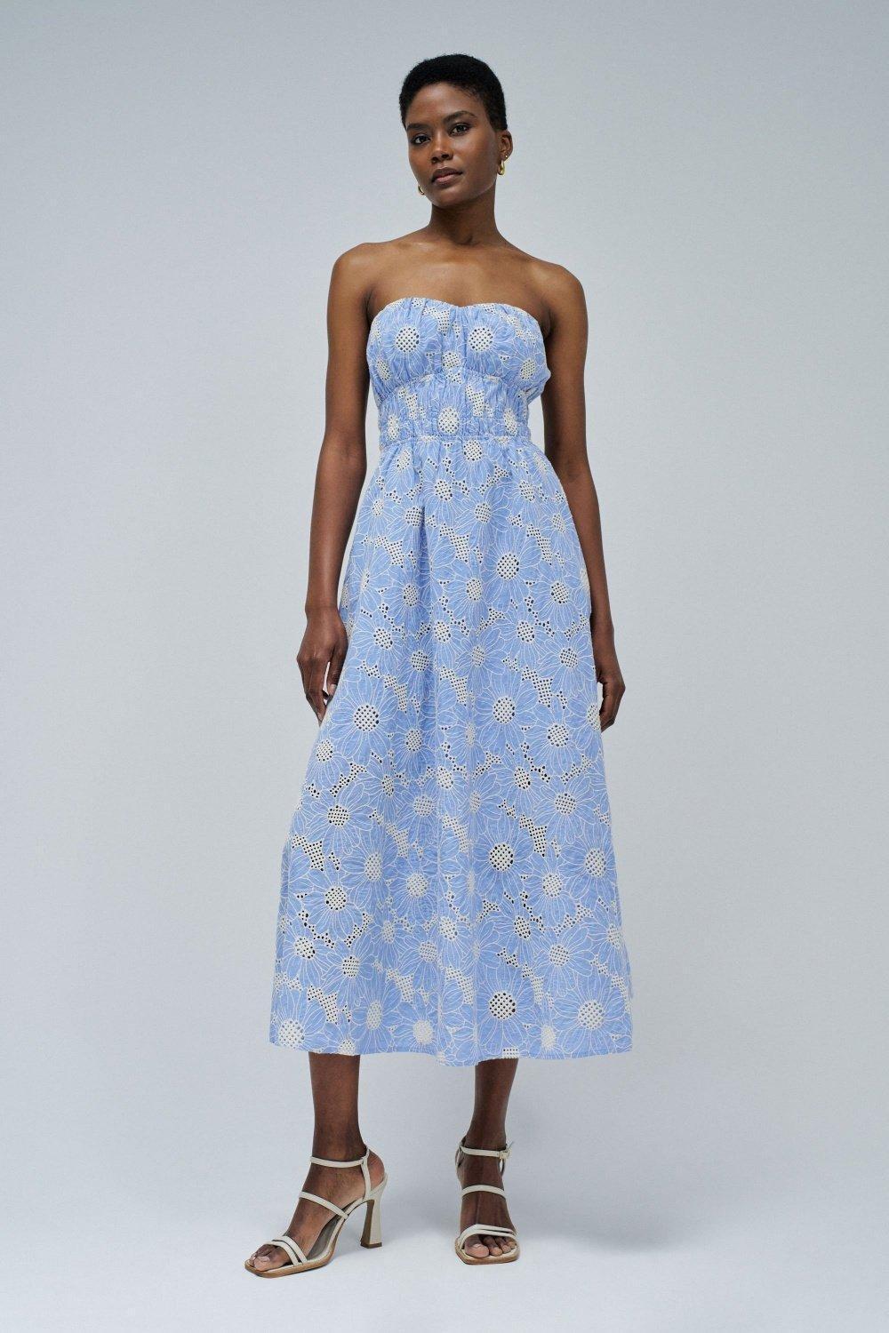 Embroidered Strapless Brunch Midi Dress, Blue, medium