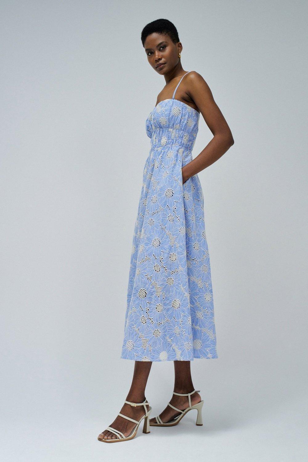 Embroidered Strapless Brunch Midi Dress, Blue, medium