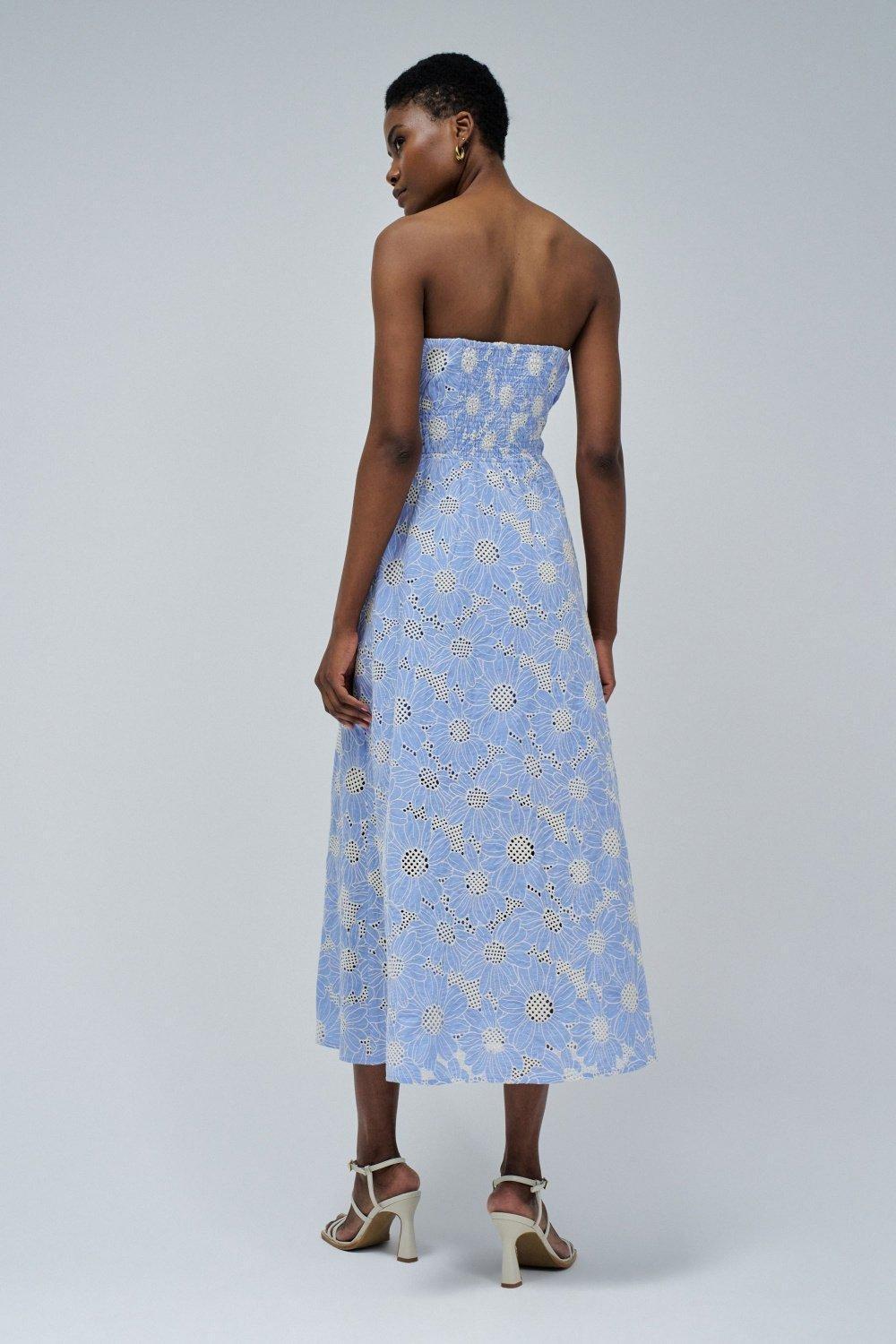 Embroidered Strapless Brunch Midi Dress, Blue, large image number 3