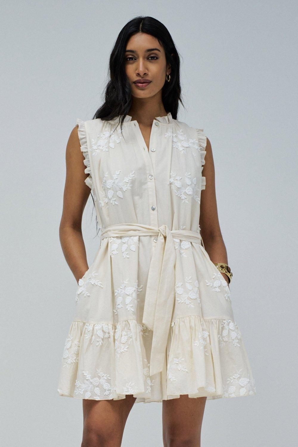 Shirt Dress With Floral Embroidery, Pearl, medium