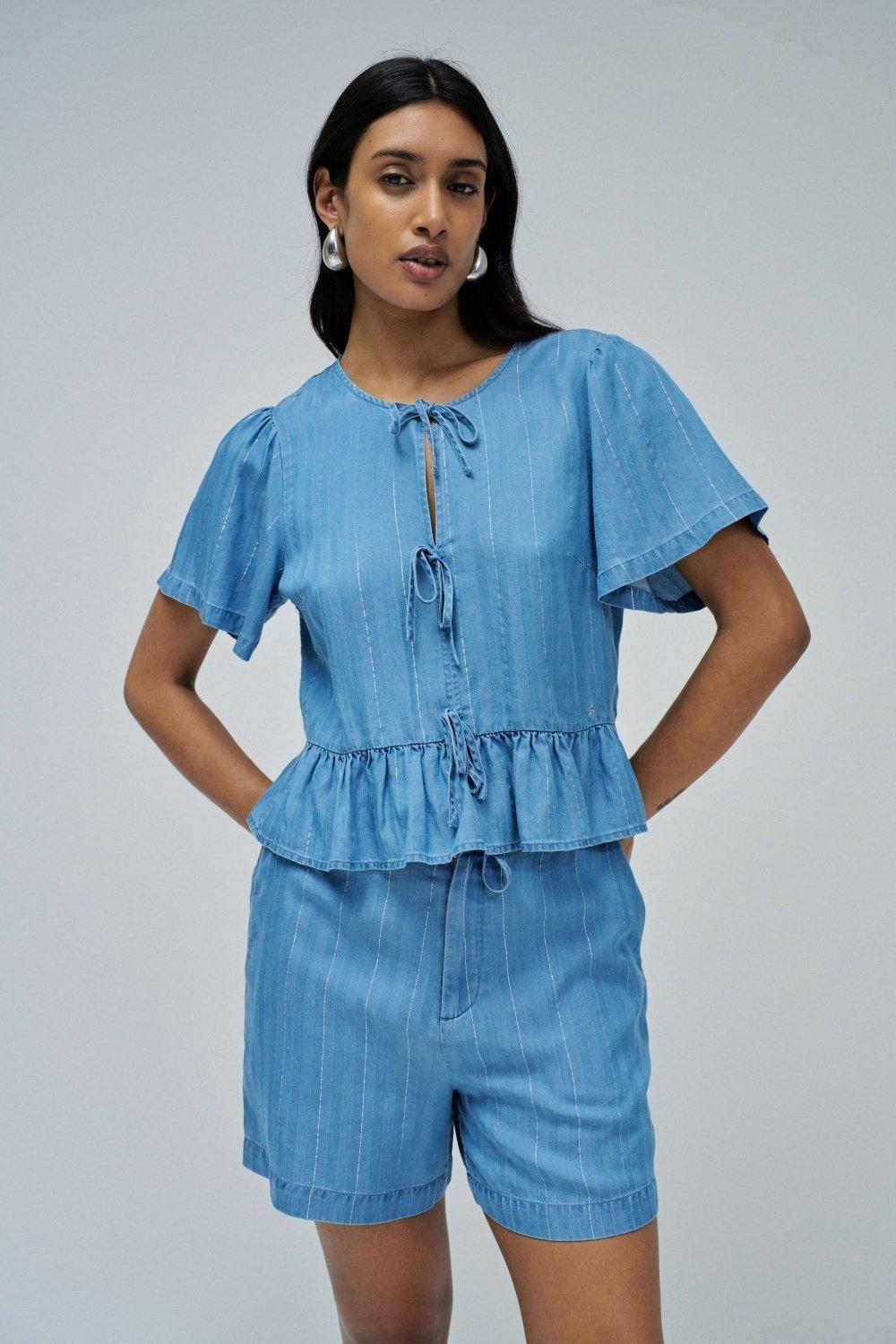 Blue Light denim Blouse With Ruffles, , large image number 0