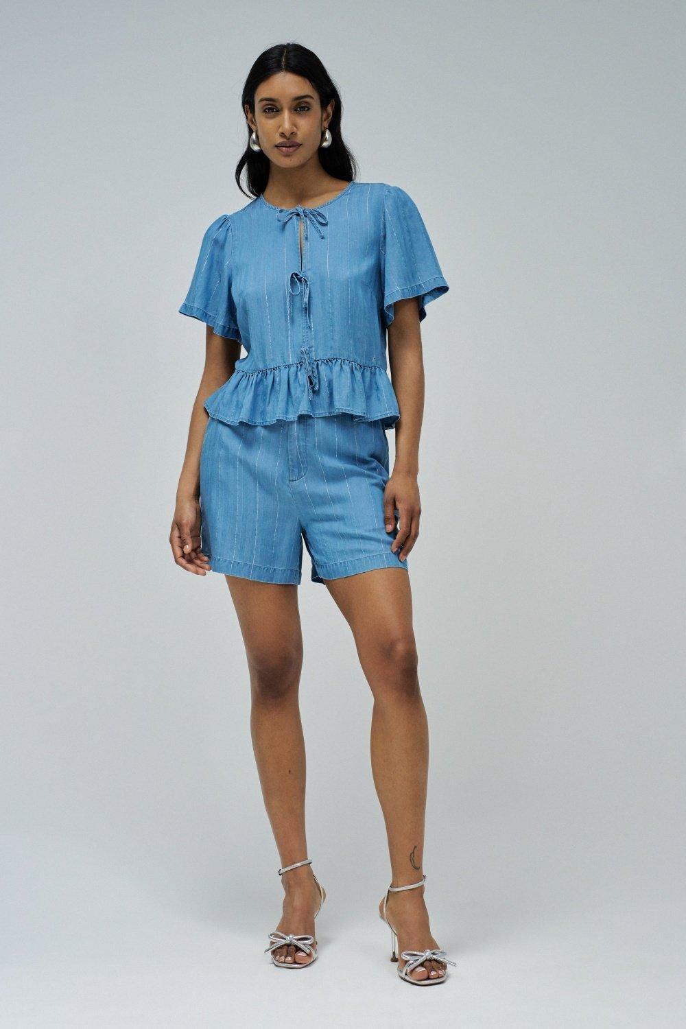 Blue Light denim Blouse With Ruffles, , large image number 1