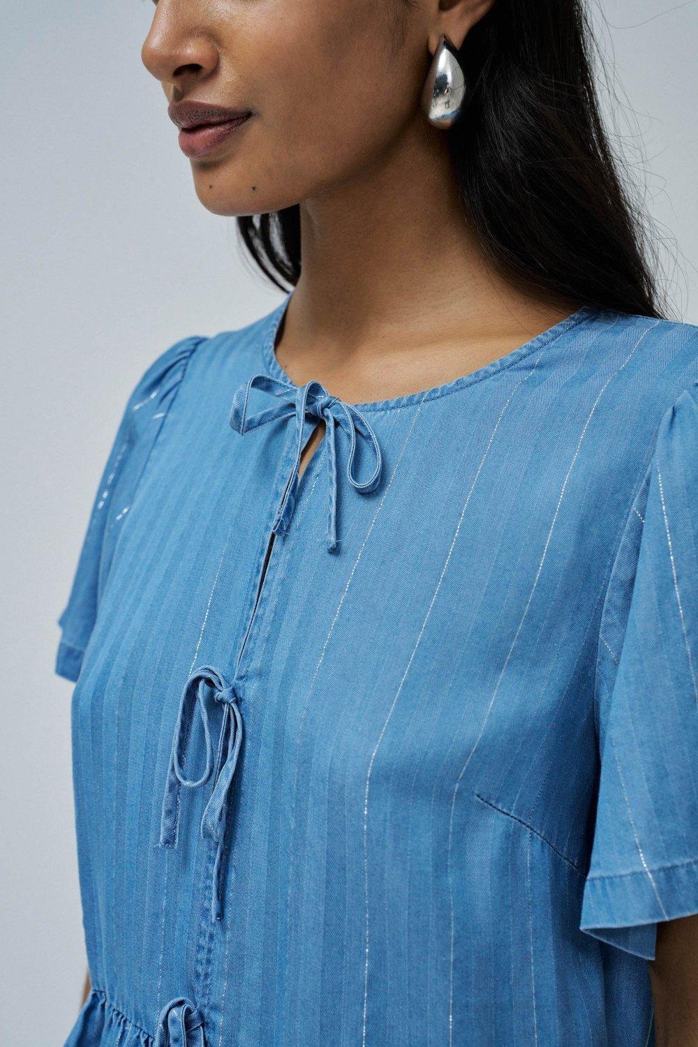 Blue Light denim Blouse With Ruffles, , large image number 4