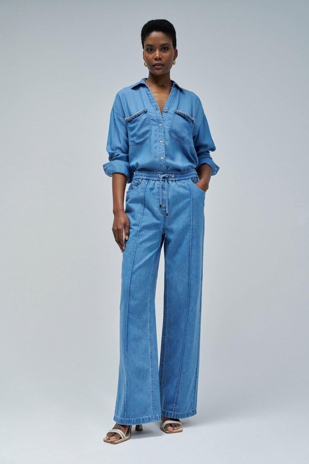 Blue Lightdenim Joggers Trousers With Wide Leg, , large image number 1